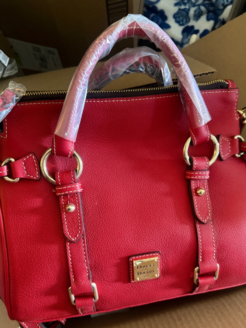 Dooney & Bourke Red Leather Satchel Handbag w/ Gold Accents - Picture 6 of 7